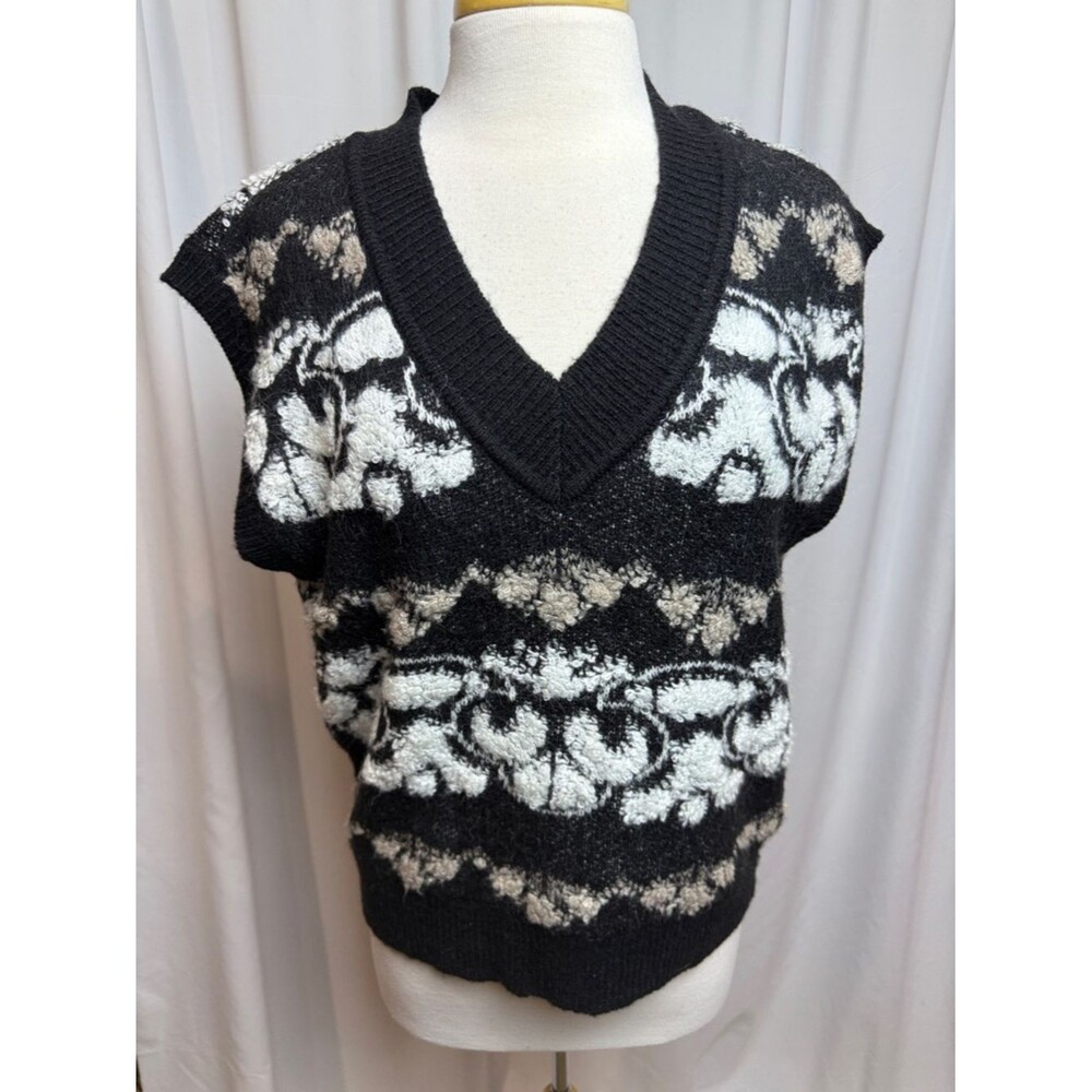 Belldini Black, White & Beige Textured V-neck Sweater Vest, Small